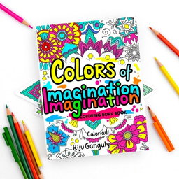 A vibrant and innovative book cover for a coloring book titled 'Colors of Imagination' by Riju Ganguly