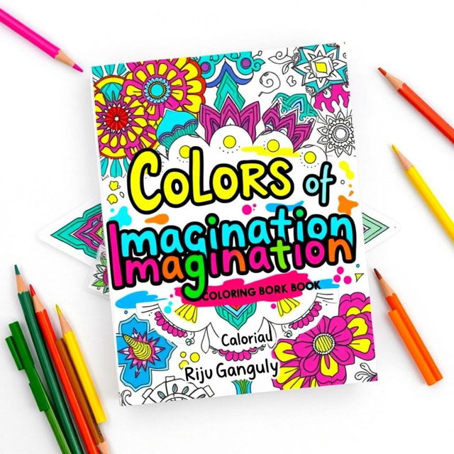 A vibrant and innovative book cover for a coloring book titled 'Colors of Imagination' by Riju Ganguly