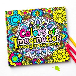 A vibrant and innovative book cover for a coloring book titled 'Colors of Imagination' by Riju Ganguly