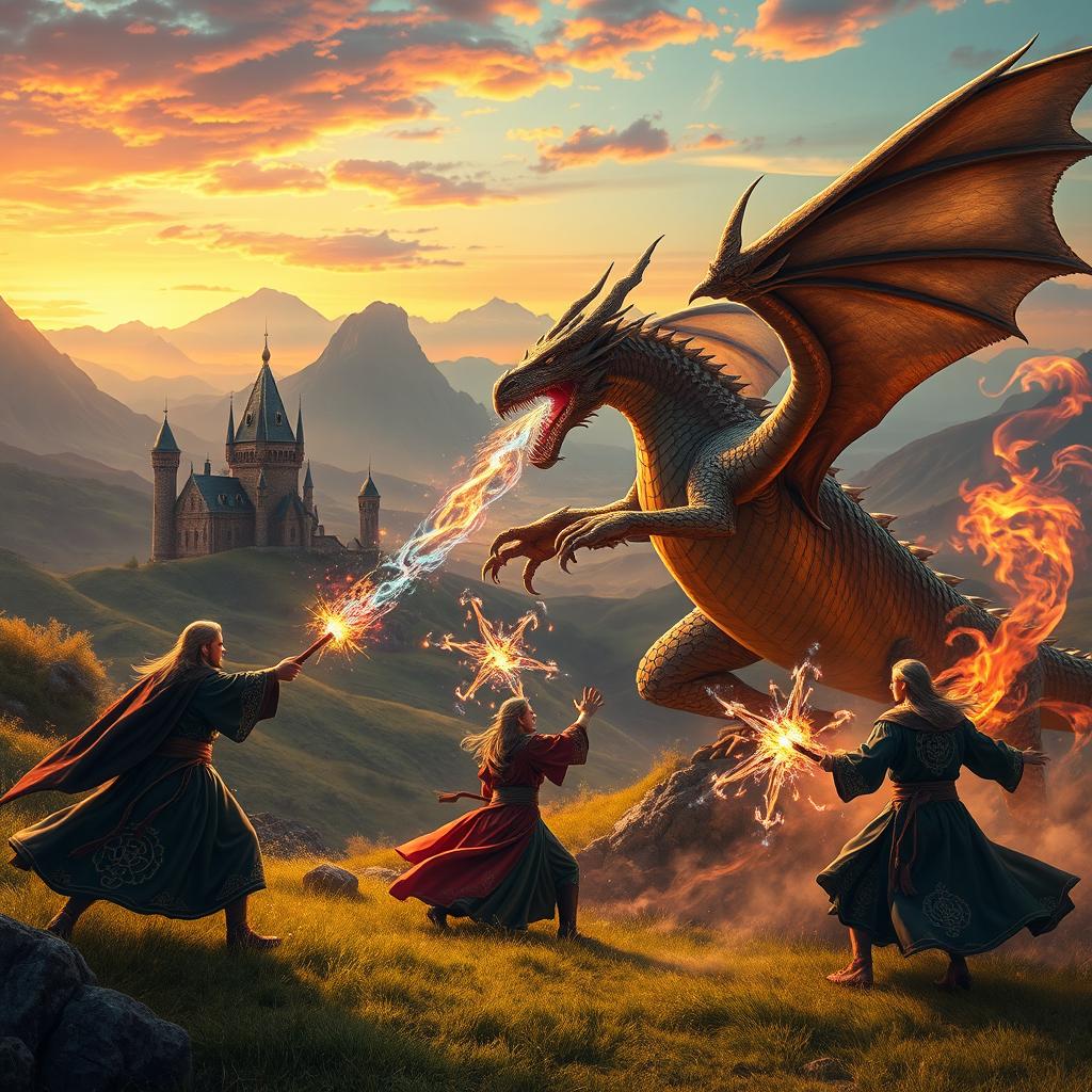 A fantastic medieval landscape showcasing a dramatic battle scene where powerful magicians engage in a fierce confrontation with a ferocious dragon