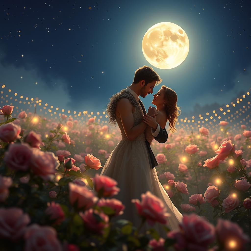 A romantic scene depicting two lovers embracing under a beautiful full moon, surrounded by a field of blooming roses