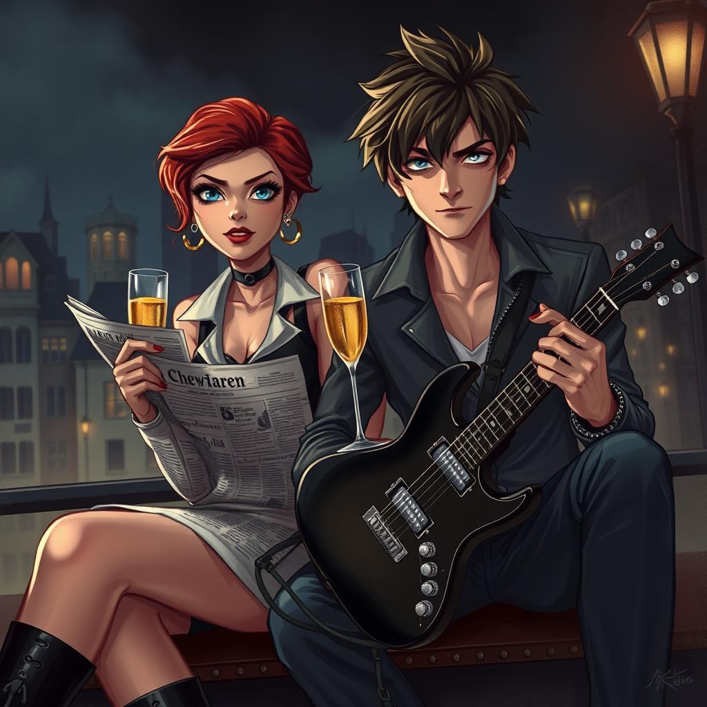 An enchanting illustration depicting a glamorous newspaper girl with a vintage style, wearing a stylish outfit, sitting next to a rock star boy holding a guitar