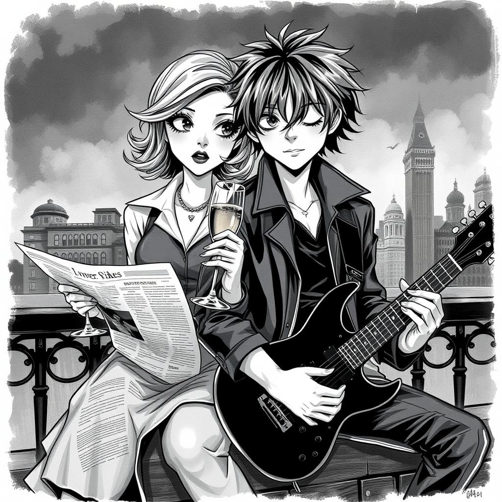 An evocative black and white illustration depicting a stylish newspaper girl with a vintage flair, perched beside a rock star boy holding a guitar