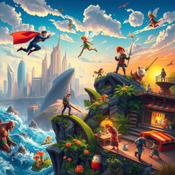 A vibrant scene showcasing iconic characters from various franchises in unique, dynamic environments