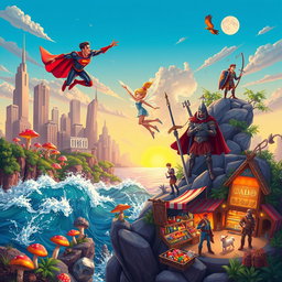 A vibrant scene showcasing iconic characters from various franchises in unique, dynamic environments