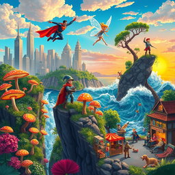 A vibrant scene showcasing iconic characters from various franchises in unique, dynamic environments