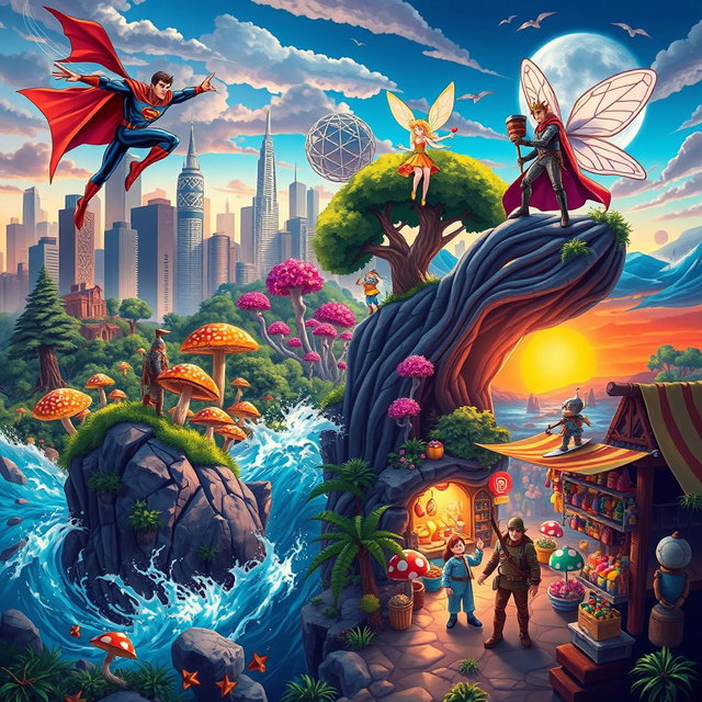 A vibrant scene showcasing iconic characters from various franchises in unique, dynamic environments