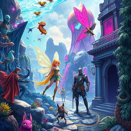 An enhanced artistic scene featuring iconic characters from various universes seamlessly swapping places in unique, imaginative settings