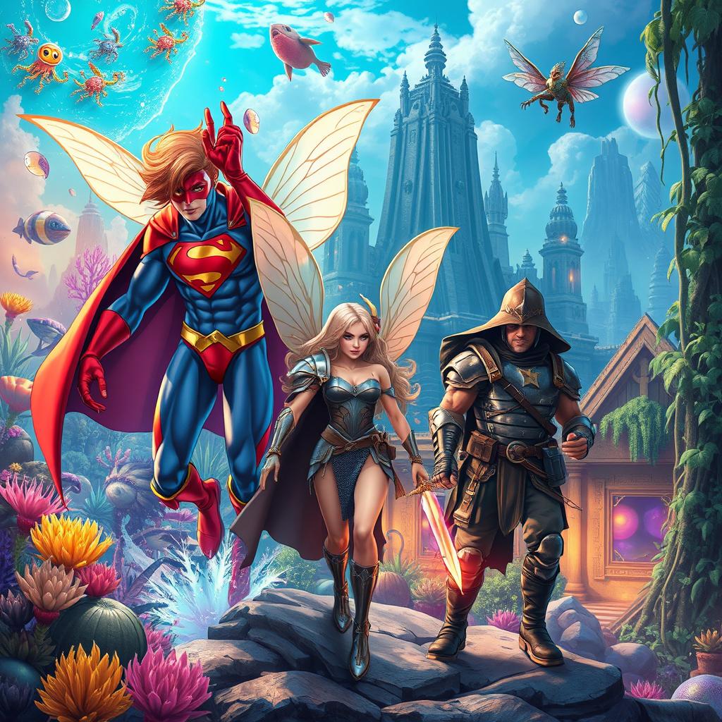 An enhanced artistic scene featuring iconic characters from various universes seamlessly swapping places in unique, imaginative settings