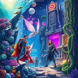 An enhanced artistic scene featuring iconic characters from various universes seamlessly swapping places in unique, imaginative settings