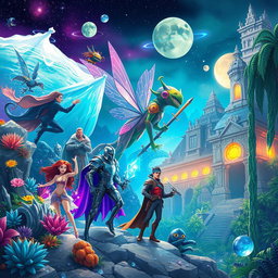 An enhanced artistic scene featuring iconic characters from various universes seamlessly swapping places in unique, imaginative settings