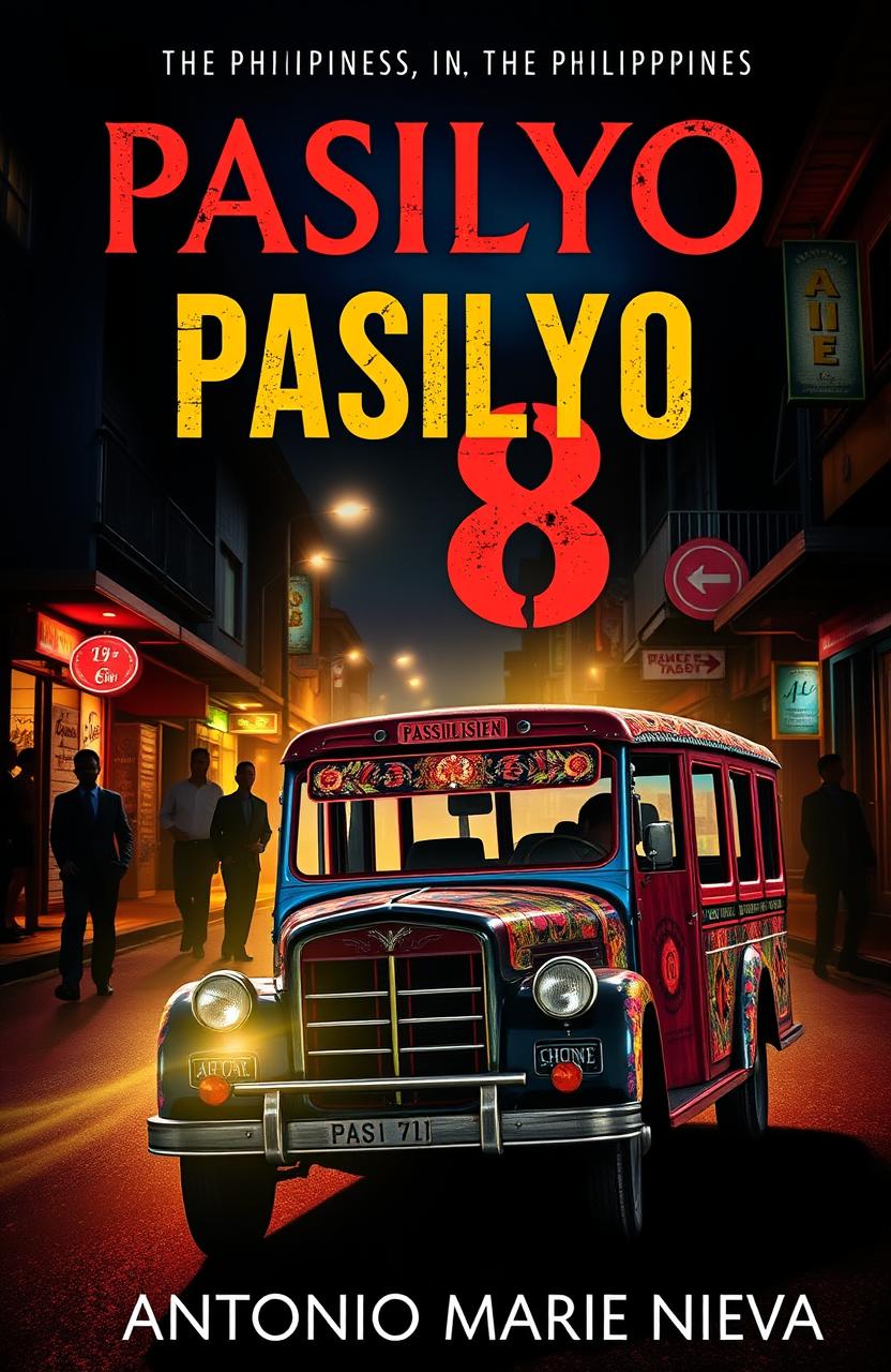 A dramatic book cover for a crime thriller mystery set in a place called Pasilyo 8, featuring a traditional Filipino jeepney prominently in the foreground