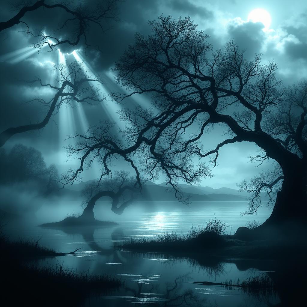 A mystical scene titled 'The Shifting Shadow', featuring an ethereal landscape with swirling shadows and beams of light cutting through a foggy atmosphere