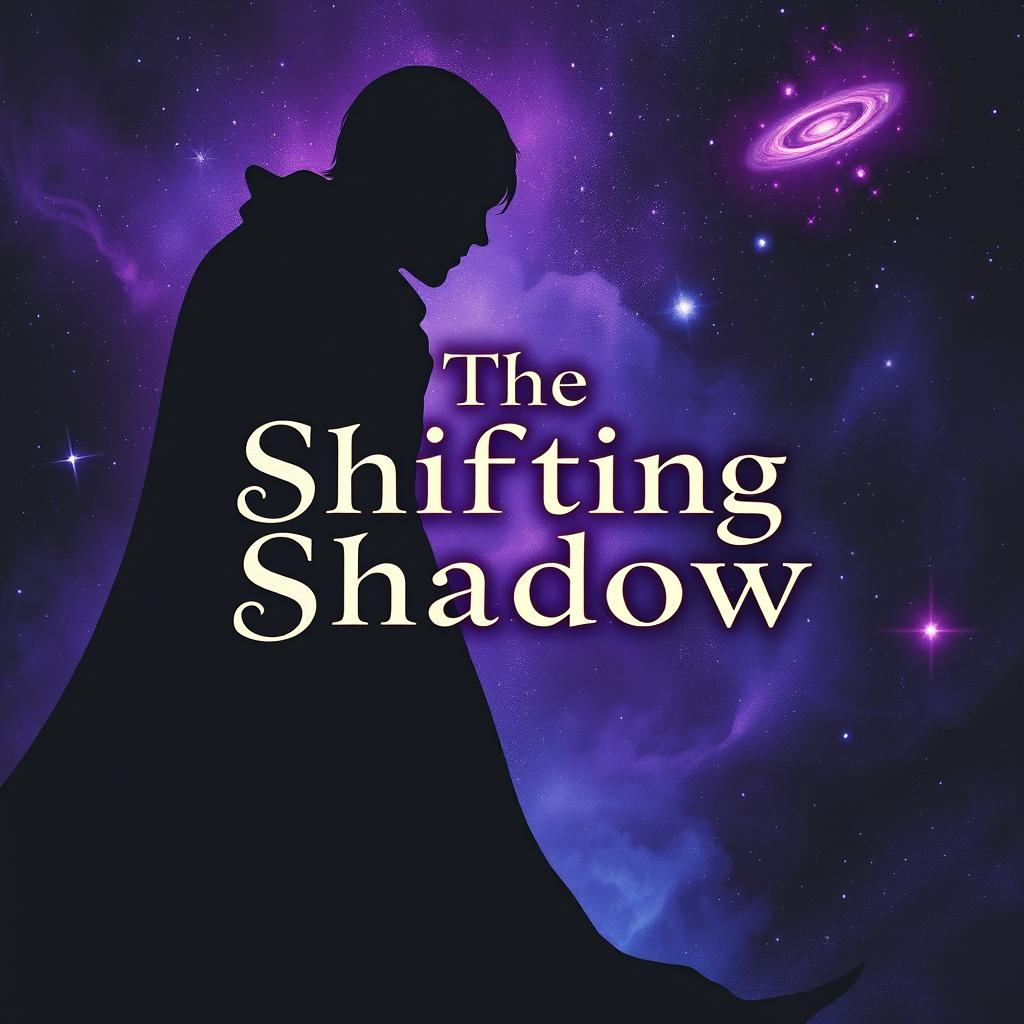 A captivating and mystical book cover for 'The Shifting Shadow', featuring a dark, swirling shadow silhouette in the foreground