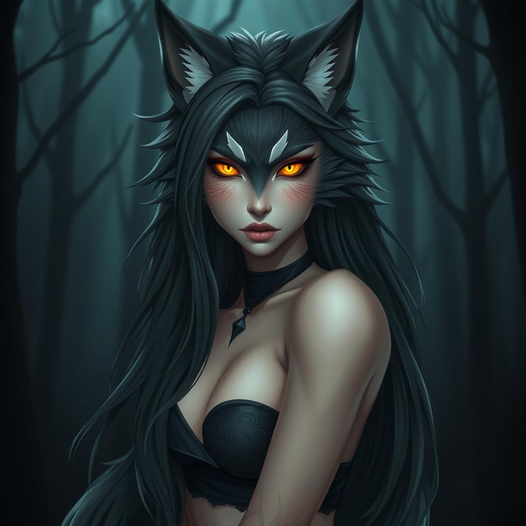 A stunningly beautiful female anthropomorphic wolf with dark fur, embodying a Nordic aesthetic
