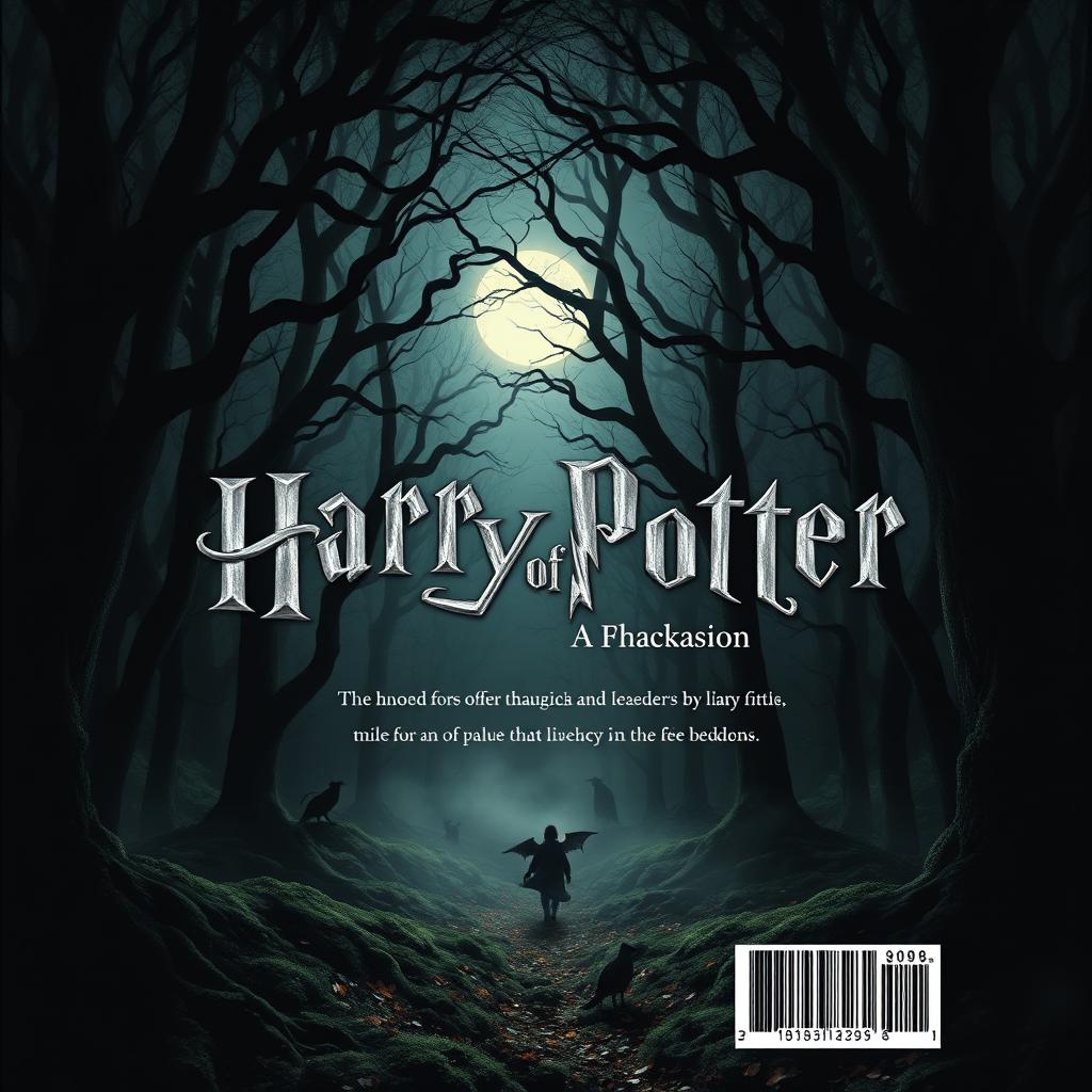 A back cover design for a fantasy book, featuring a dark and atmospheric forest setting reminiscent of the Harry Potter series