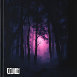 A back cover book design featuring a dark, atmospheric scene set in a dense, mystical forest
