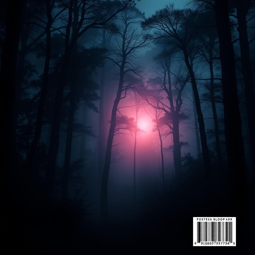 A back cover book design featuring a dark, atmospheric scene set in a dense, mystical forest