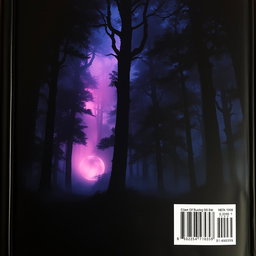 A back cover book design featuring a dark, atmospheric scene set in a dense, mystical forest