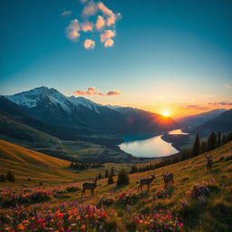 A breathtaking landscape showcasing extraordinary natural beauty, featuring majestic mountains with snow-capped peaks, lush green valleys filled with vibrant wildflowers, and a serene crystal-clear lake reflecting the azure sky