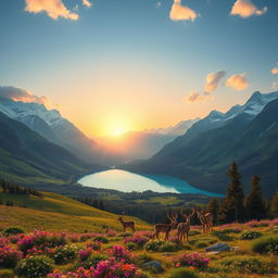 A breathtaking landscape showcasing extraordinary natural beauty, featuring majestic mountains with snow-capped peaks, lush green valleys filled with vibrant wildflowers, and a serene crystal-clear lake reflecting the azure sky