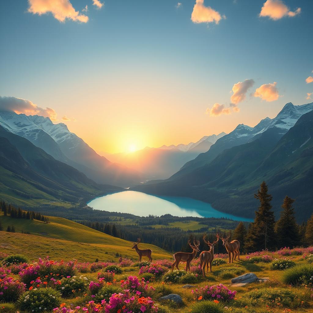 A breathtaking landscape showcasing extraordinary natural beauty, featuring majestic mountains with snow-capped peaks, lush green valleys filled with vibrant wildflowers, and a serene crystal-clear lake reflecting the azure sky