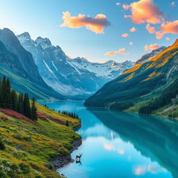 A breathtaking landscape showcasing extraordinary natural beauty, featuring majestic mountains with snow-capped peaks, lush green valleys filled with vibrant wildflowers, and a serene crystal-clear lake reflecting the azure sky