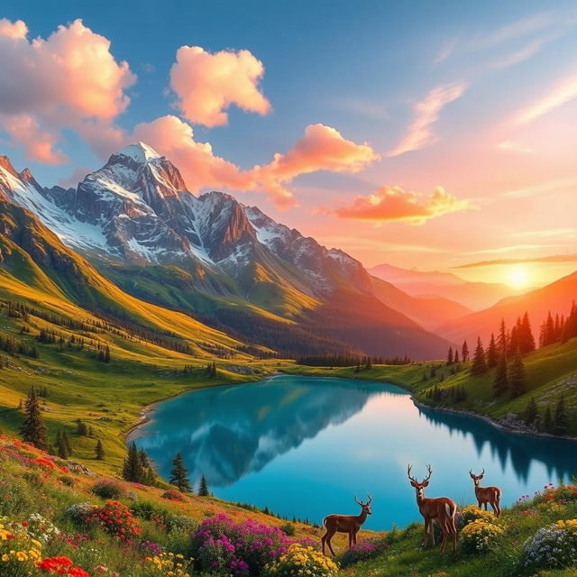 A breathtaking landscape showcasing extraordinary natural beauty, featuring majestic mountains with snow-capped peaks, lush green valleys filled with vibrant wildflowers, and a serene crystal-clear lake reflecting the azure sky