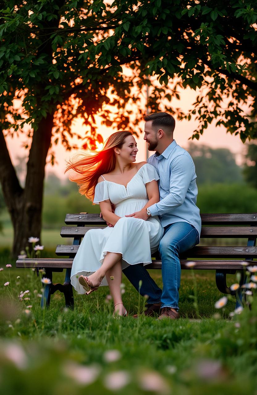 A romantic scene featuring a couple sitting closely together on a park bench during sunset, surrounded by soft pink and orange hues in the sky