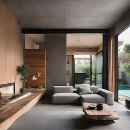 A single-story creative house mixing modern design with vintage elements, primarily made of wood and cement