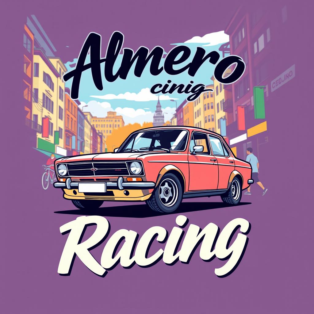 A stylish t-shirt design featuring a graphic print of a Vaz 21099 car parked on a lively street