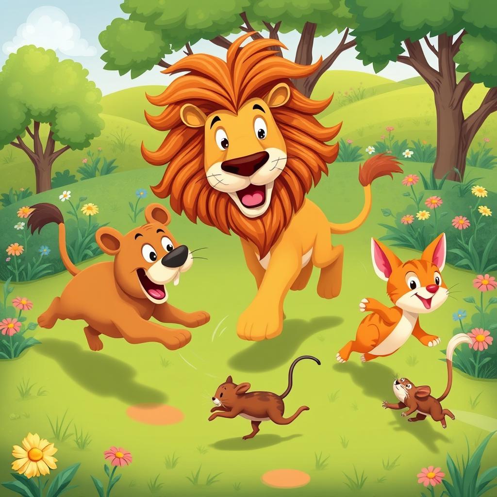 A playful and whimsical scene depicting a lion chasing a dog, which is in turn chasing a cat, that is pursuing a mouse