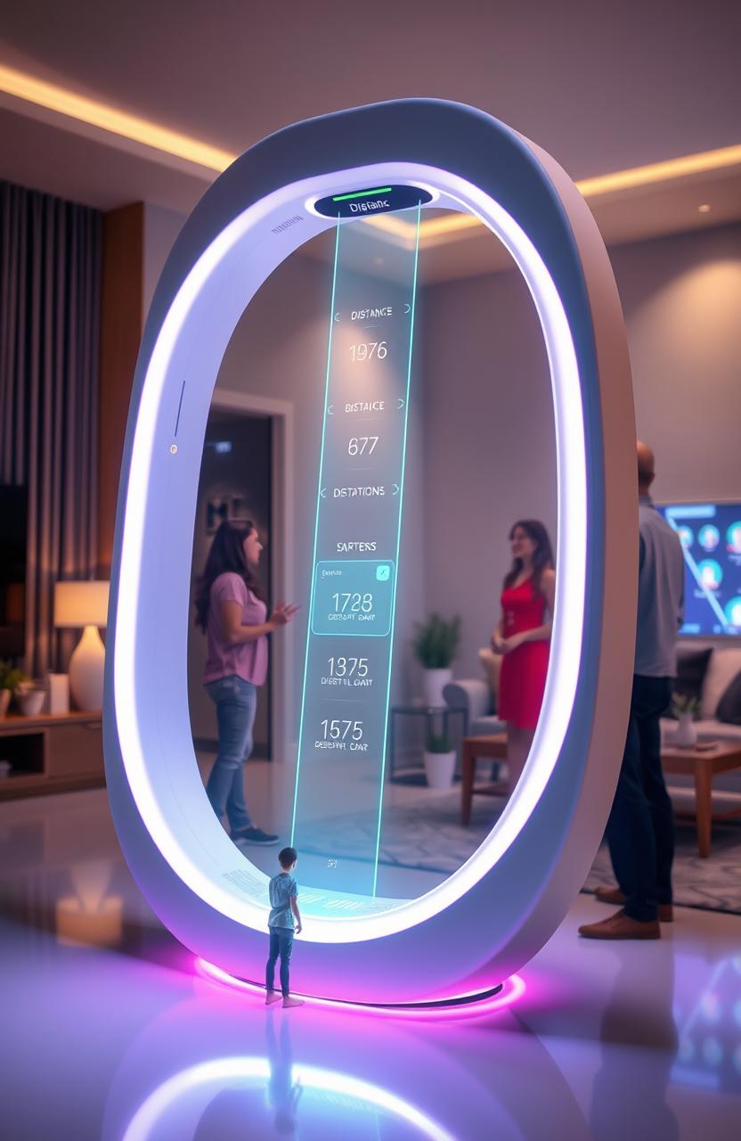 A futuristic smart light distance detector designed for human-computer interaction, featuring a sleek, modern design with smooth curves and a vibrant LED interface