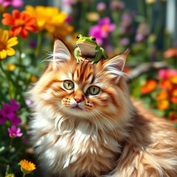 A fluffy domestic cat with striking green eyes and a playful expression, sitting comfortably with a small, vibrant green frog perched on top of its head