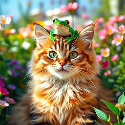 A fluffy domestic cat with striking green eyes and a playful expression, sitting comfortably with a small, vibrant green frog perched on top of its head