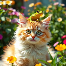 A fluffy domestic cat with striking green eyes and a playful expression, sitting comfortably with a small, vibrant green frog perched on top of its head