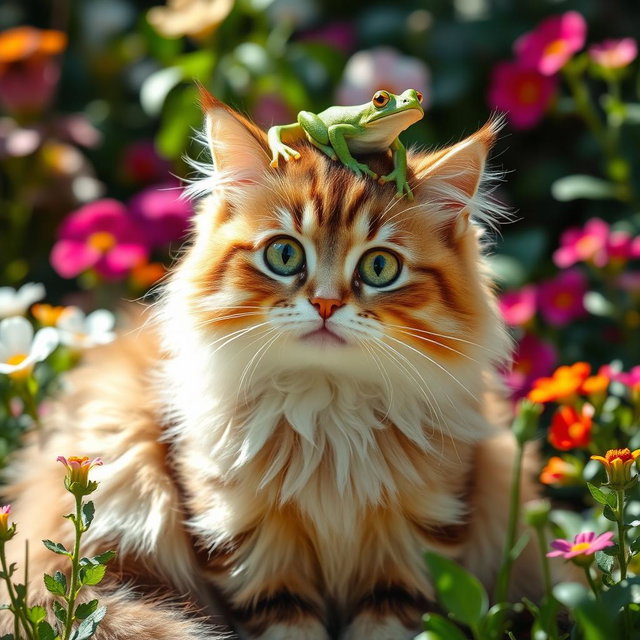 A fluffy domestic cat with striking green eyes and a playful expression, sitting comfortably with a small, vibrant green frog perched on top of its head