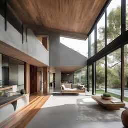 A single-story creative house mixing modern design with vintage elements, primarily made of wood and cement