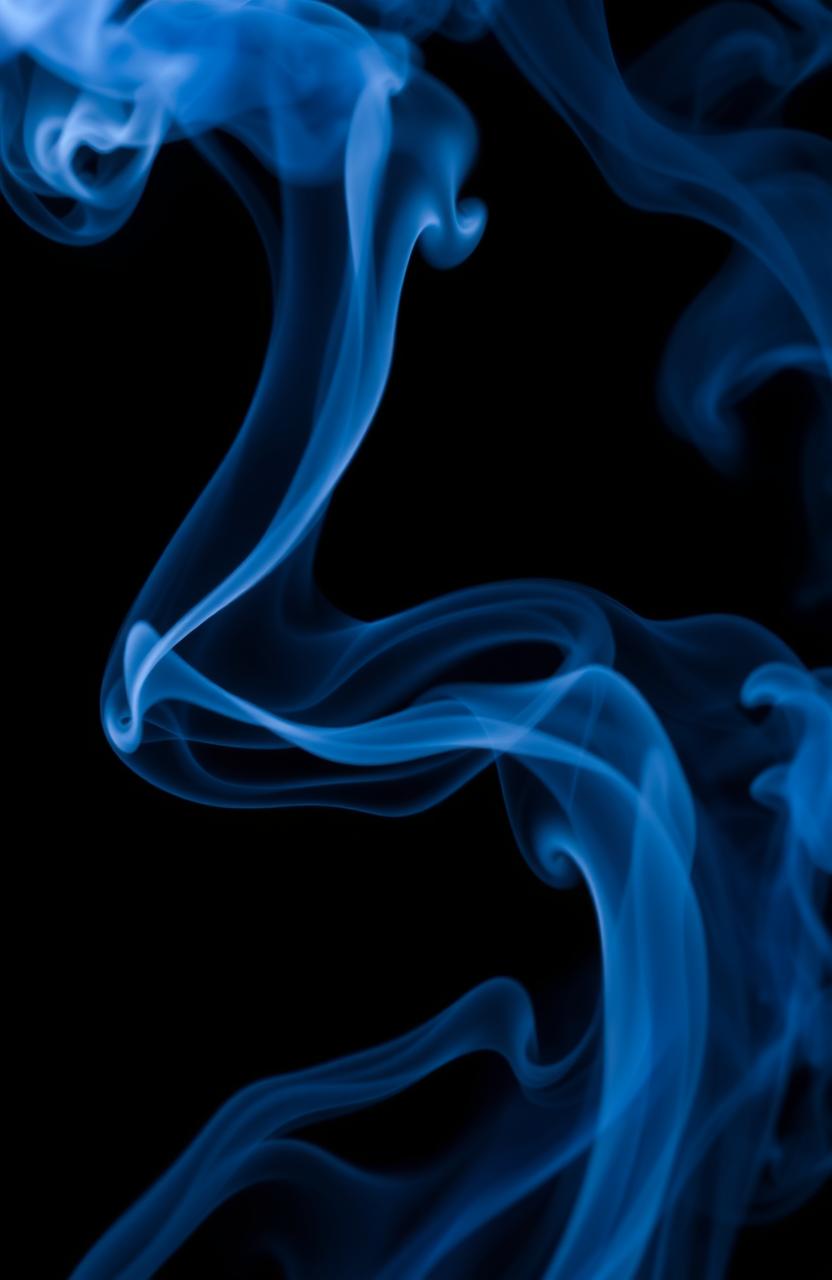 A black shiny background with a mesmerizing swirl of blue and white smoke rising from the bottom, creating a dynamic and ethereal atmosphere