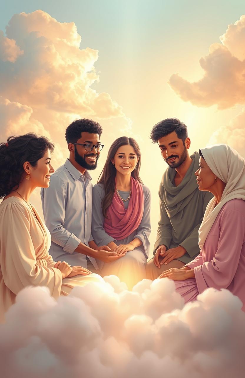 A serene and ethereal scene depicting a mystical meeting in a celestial setting reminiscent of Heaven