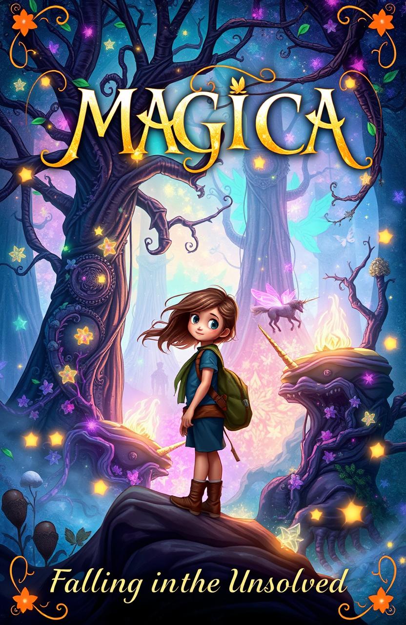 A whimsical and enchanting book cover for 'MAGICIA - Falling into the Unsolved', illustrating an ethereal landscape filled with magical elements