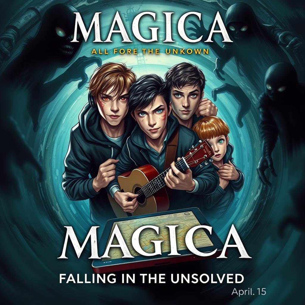 A captivating book cover for 'MAGICIA - Falling into the Unsolved', featuring an intriguing scene of three boys, all 15 years old, caught in a spiraling loop that leads into a mysterious and creepy unknown