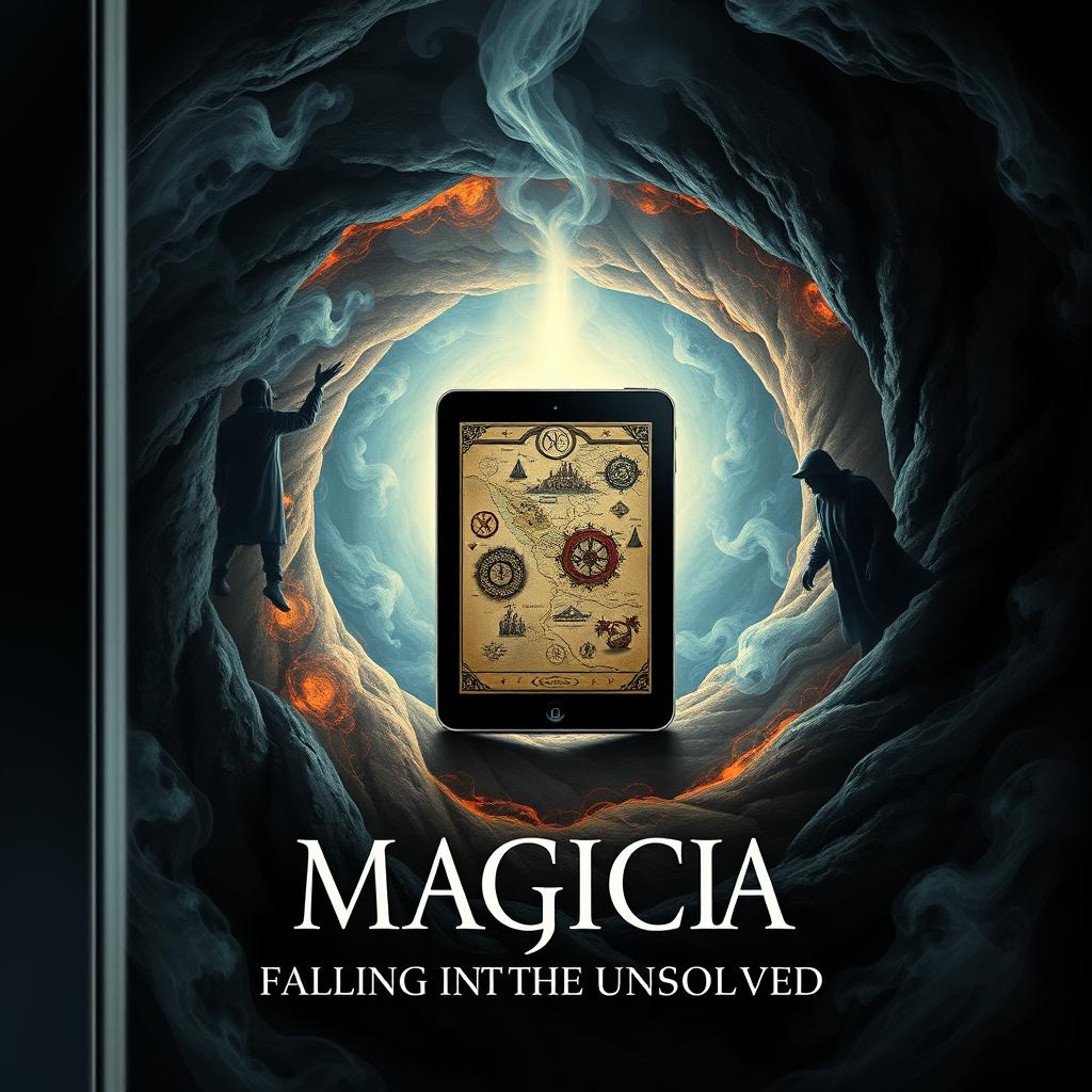 A striking book cover for 'MAGICIA - Falling into the Unsolved', depicting a mesmerizing scene of a swirling loop that leads into a dark and mysterious unknown