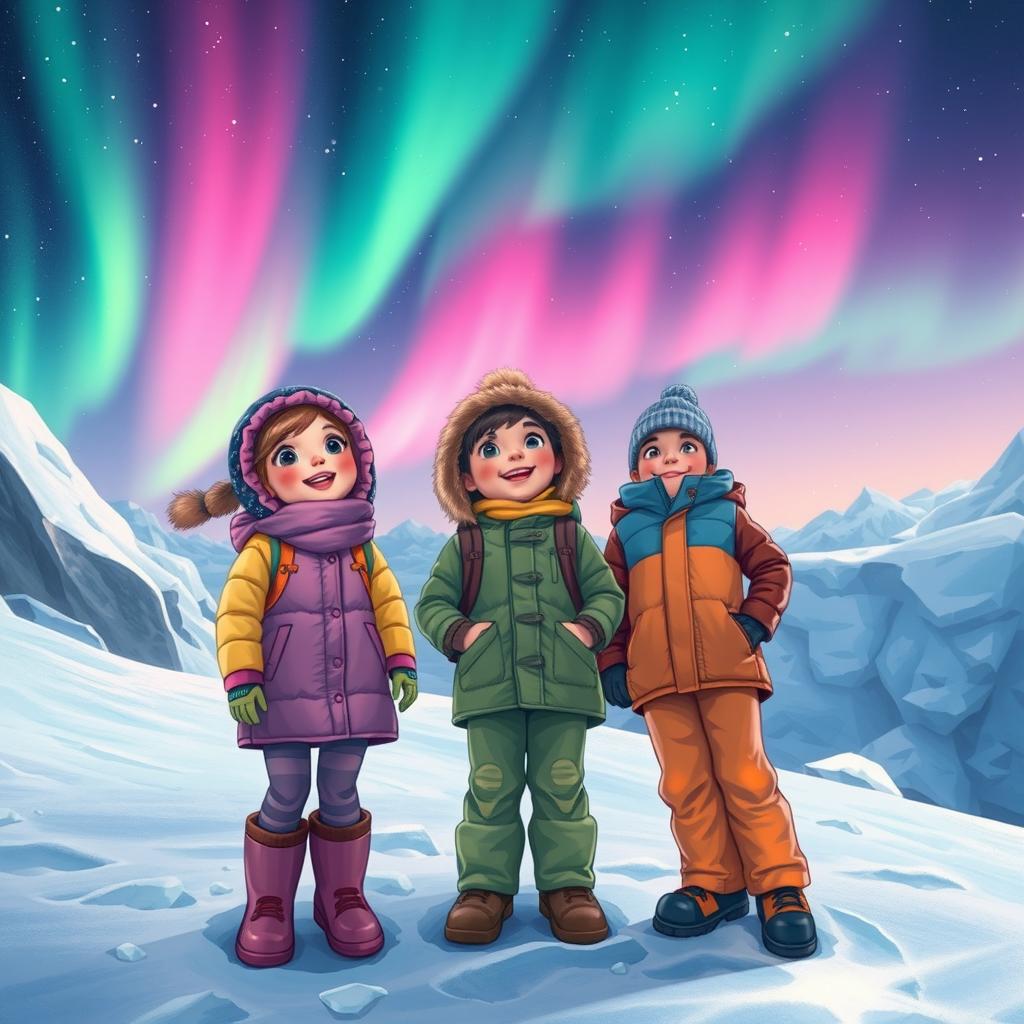 A breathtaking scene depicting two girls and one boy in Antarctica, bundled in colorful winter clothing, joyfully gazing up at the vibrant aurora borealis lighting up the night sky with shades of green, pink, and purple