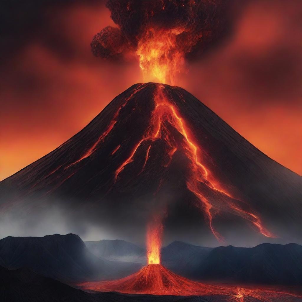 An alluring movie poster featuring a colossal volcano in the center, spewing vibrant and fiery lava