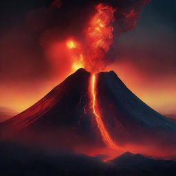 An alluring movie poster featuring a colossal volcano in the center, spewing vibrant and fiery lava