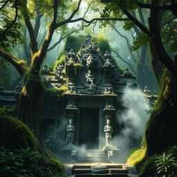 A mysterious ancient temple hidden deep within a dense, lush green forest, overgrown with vines and moss