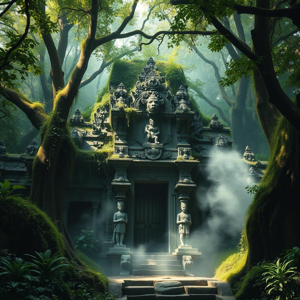 A mysterious ancient temple hidden deep within a dense, lush green forest, overgrown with vines and moss