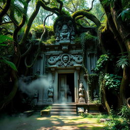 A mysterious ancient temple hidden deep within a dense, lush green forest, overgrown with vines and moss