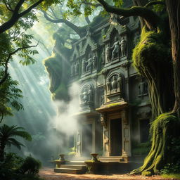 A mysterious ancient temple hidden deep within a dense, lush green forest, overgrown with vines and moss